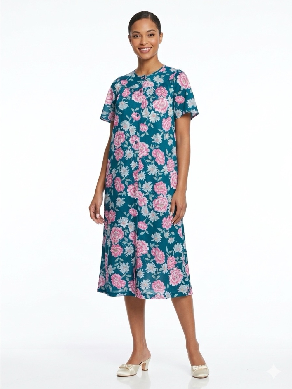 VANITY FAIR Vintage Teal Blue Floral Sleep Dress House Coat Size 34 EUC LCSR